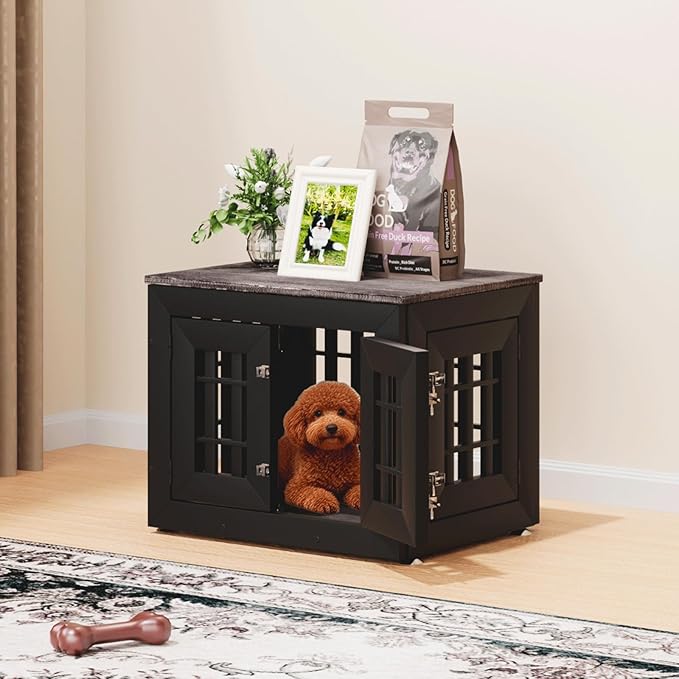 26" Heavy Duty Dog Crate Furniture for Small,Medium and Large Dogs,Rustic Wooden Dog Cage Kennel Indoor Furniture with Waterproof Top,Decorative Pet House Side End Table (Black & Grey)