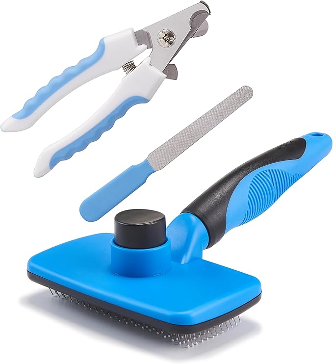 3 PCS Grooming Kit for Dogs & Cats,Self-Cleaning Slicker Brush with Nail Clipper and Trimmer (Blue)