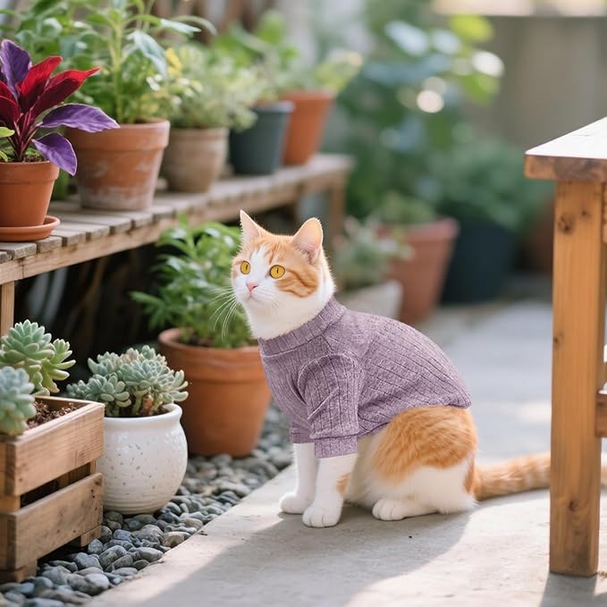 Idepet Sphynx Hairless Cats Sweater Shirt Kitten Soft Puppy Clothes Pullover Cute Cat Pajamas Jumpsuit Cotton Apparel Pet Winter Turtleneck for Cats and Teacup Chihuahua Small Dogs(Purple,M)
