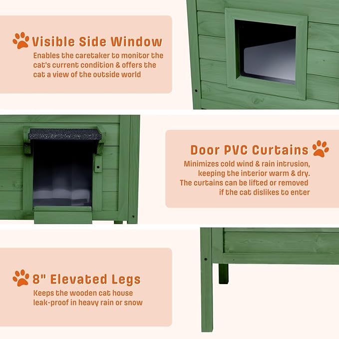 BRIOPAWS Outdoor-Cat-House-Insulated | Feral-Cat-Shelter for Winter | Weatherproof | Large Wooden Pet House for Multiple Cats | Foldable Ladder | Acrylic Side Window | Green