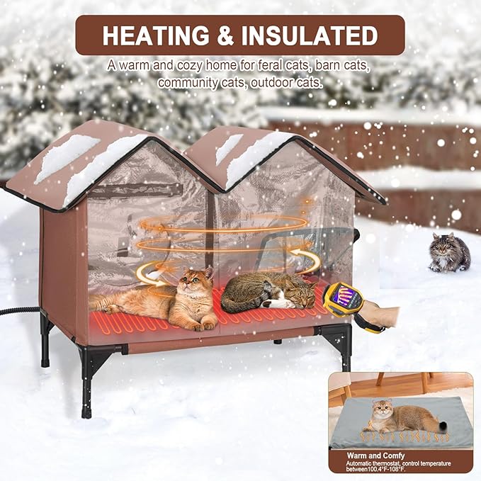 Large Heated Cat House for Outside in Winter, Elevated Waterproof Cat House for Outdoor Cats with Heating Pad, Insulated Heated Outdoor Cat House Weatherproof for Stray Cats Small Dogs (Brown)