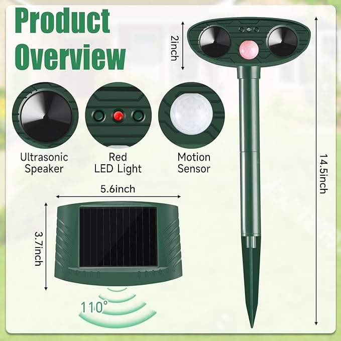 Cat Repellent Outdoor, Solar Ultrasonic Animal Repellent, Squirrel Repellent, Raccoon Deterrent, Waterproof Dog Repellent, Deer, Skunk, Mole Repellent, Motion Detector and LED Flashing Light (2)