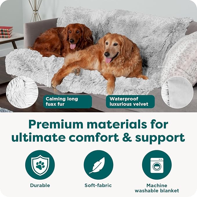 Furhaven Waterproof Throw Blanket for Dogs & Indoor Cats, Washable - Shaggy Plush Calming Long Faux Fur & Velvet Dog Blanket - Taupe, Medium