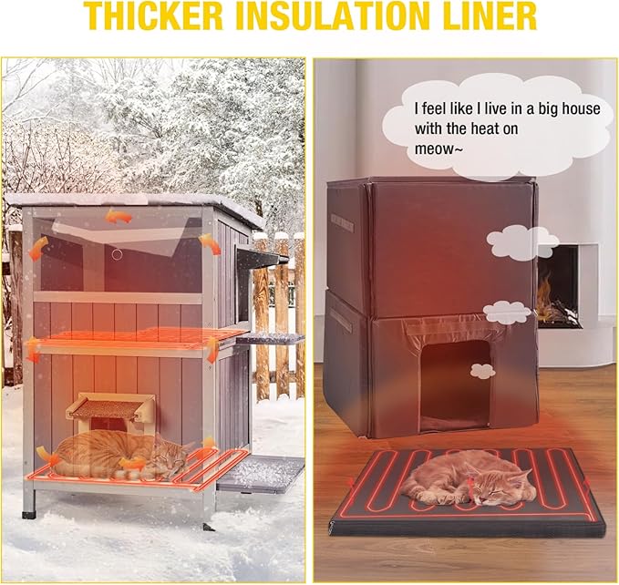 Heated Cat House Outdoor Cat House Insulated Freal Cat Shelter with Heated Pad- Large Outside Insulated Cat Condo for Winter