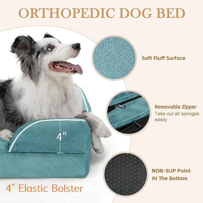 Comfort Expression Orthopedic Dog Bed for Large Dogs 38x25 Inch, Waterproof Supportive Egg Crate Foam Large Pet Bed with Removable Bolster, Dog Couch with Washable Cover & Non-Slip Bottom, Washed Blue