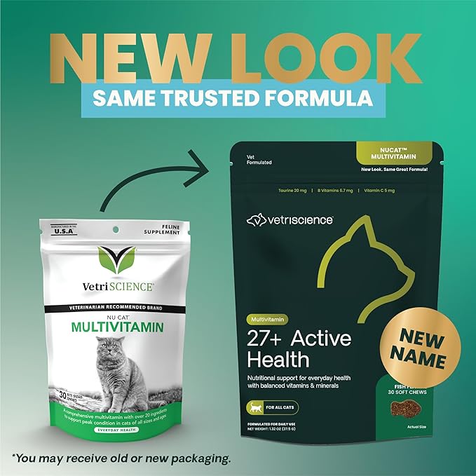 VetriScience 27+ Active Health Chews, Nu Cat Daily Multivitamin for Cats and Kittens, Balanced Vitamins, Minerals and Antioxidants, Health and Wellness Support, Fish, 30 Count