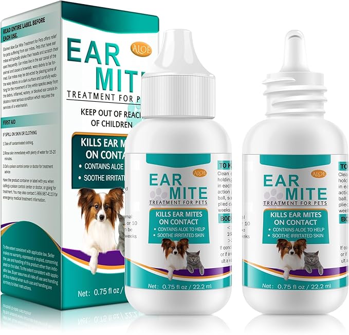2 Pack Ear Mites Clean for Dogs & Cat, with Aloe Vera, Cat Ear Mite Treatment Cleaner on Contact & Soothes Itching, Vet-Recommended Formula for Pets Ear Cleaning, Fast-Acting