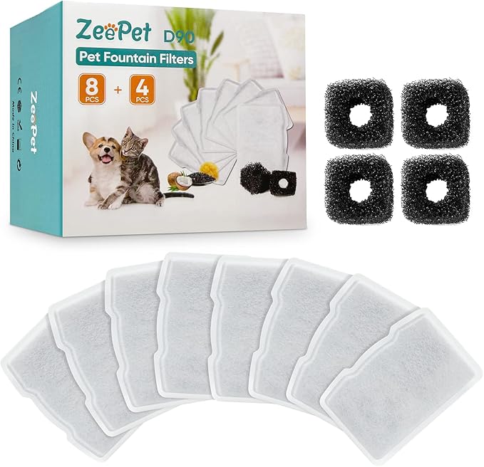 cat water fountain filter Replacements for 120oz/3.5L Stainless Steel D90 Pet Water Fountain,(Pump filter x4, Carbon Resin Filters x8)