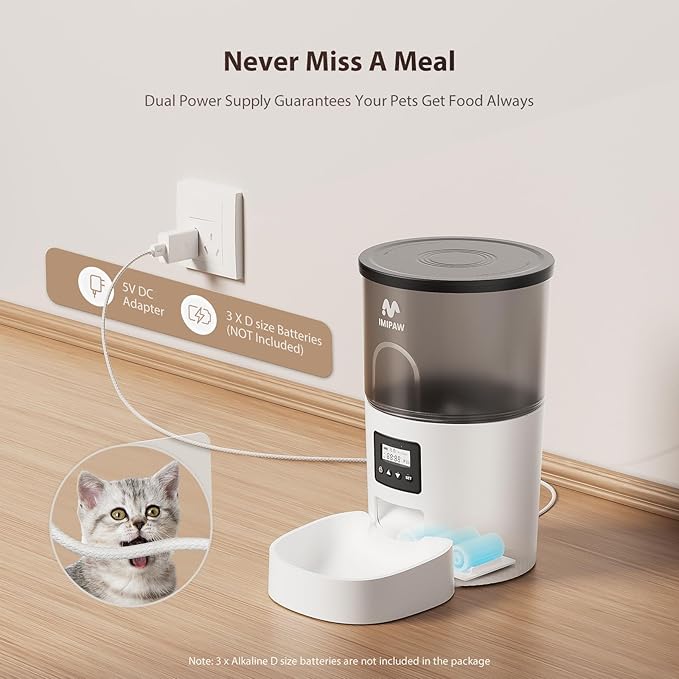 IMIPAW Automatic Cat Feeders, 3L Timed Cat Dry Food Dispenser with Desiccant Bags, Dual Power Supply, Programmable Portion Size, 6 Meals, 20 Portions Per Day, Auto Pet Feeder for Cats and Small Dogs