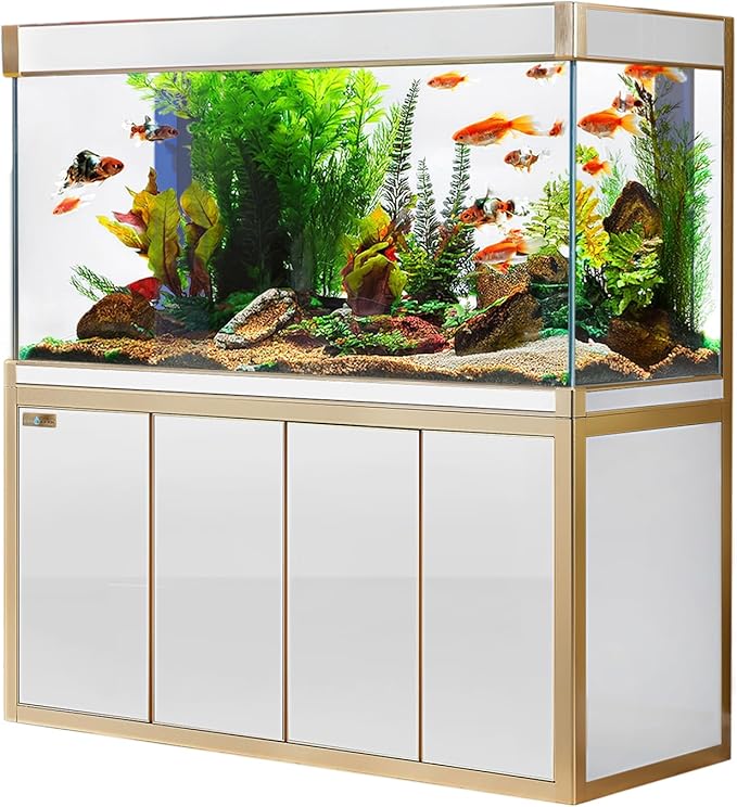 Aqua Dream 250 Gallon, All-in-One Aquarium Fish Tank with Tempered Ultra-Clear Glass, Includes Cabinet Stand, Multi-Chamber Filtration Sump, Filter Media, 1717 GPH Water Pump - White/Gold