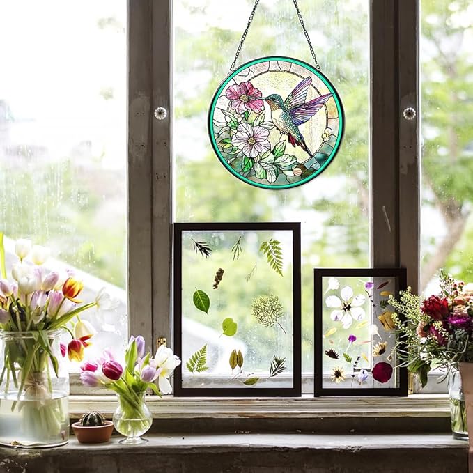 Hummingbird Suncatcher with Floral Nectar Design, Stained Glass Suncatcher - Stained Glass Window Hanging for Nature Lovers, Unique Gift for Bird Enthusiasts, Indoor/Outdoor Garden or Home Decoration