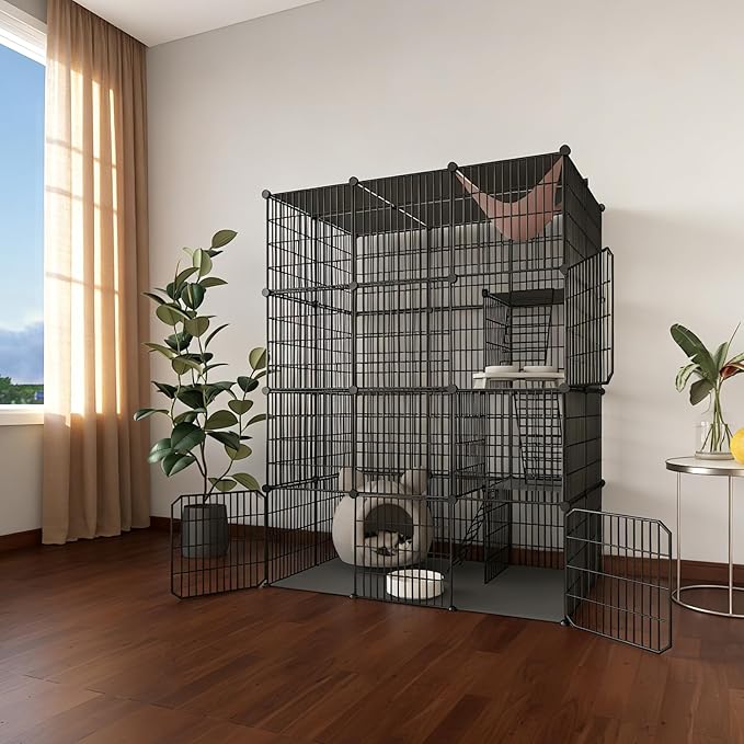 Large 4-Tier Cat Cage Indoor, DIY Cat Enclosures Detachable Metal Wire, Indoor Cat Crate Exercise Place Ideal for Kitty, Small Animals (Black, 41.3" L x 28" W x 55" H, 1)
