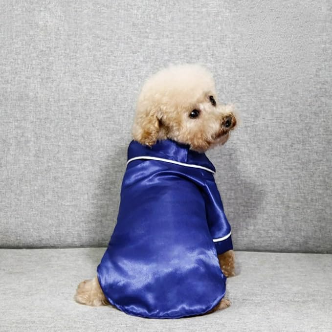 Cat Puppy Costume Elegant Satin Pajamas with Bow Headband 2PCs Set Pet Sleepwear Cute Pet Outfit Cosplay Partywear Photoshoots (Blue Set,Small)