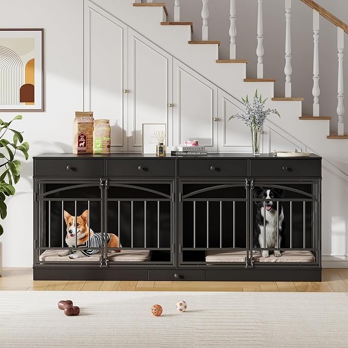 GAOMON Dog Crate Furniture for 2 Dogs, 78.7'' Large Dog Kennel Indoor with 4 Storage Drawers and Feeding Bowls, Double Dog Crate TV Stand for Small and Medium Dogs, Black