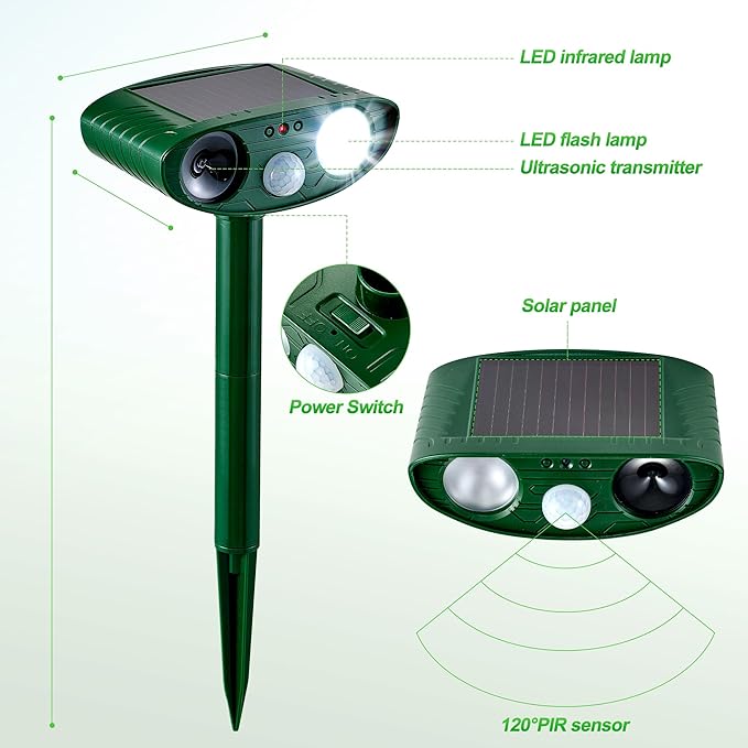 4 Pack Solar Animal Repeller for Raccoons, Deer & Squirrels - Ultrasonic & Strobe Light, Outdoor Deterrent for Cats, Dogs, Raccoons, Rabbits, Skunks, Foxes & More