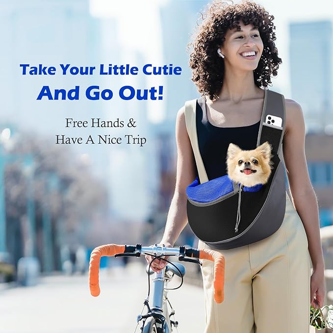 Pawaboo Dog Sling Carrier, Hand Free Breathable Mesh Bag for Puppy Cat, Drawstring Dog Papoose with Adjustable Strap and Pocket, Crossbody Satchel Dogs Purse for Outdoor Travel, L, Indigo