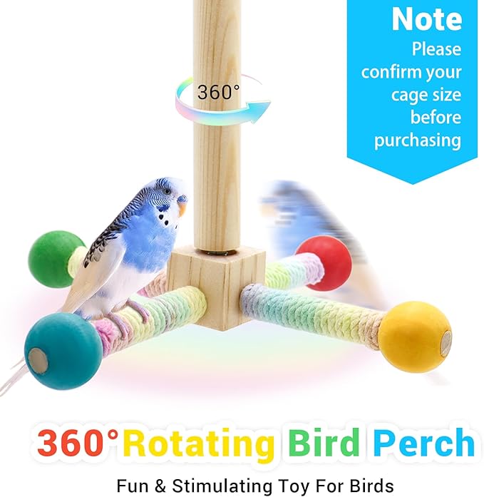 Bird Rotating Perch Toys,Parakeet Interactive Stand Perch Chew Toy,Wooden Exercise Wheel Parrot Toys,Cockatiel Toys for Bird Cage Accessories for Small and Medium Parrots (4 Perch)