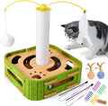 5-in-1 Cat Toys Interactive Wooden Cat Puzzle Toy Intelligence Treat Puzzle Feeder Box Game Enrichment Accessories with Jingle Balls, Wands, and Spiral Springs for Indoor Kitten Adult Cat