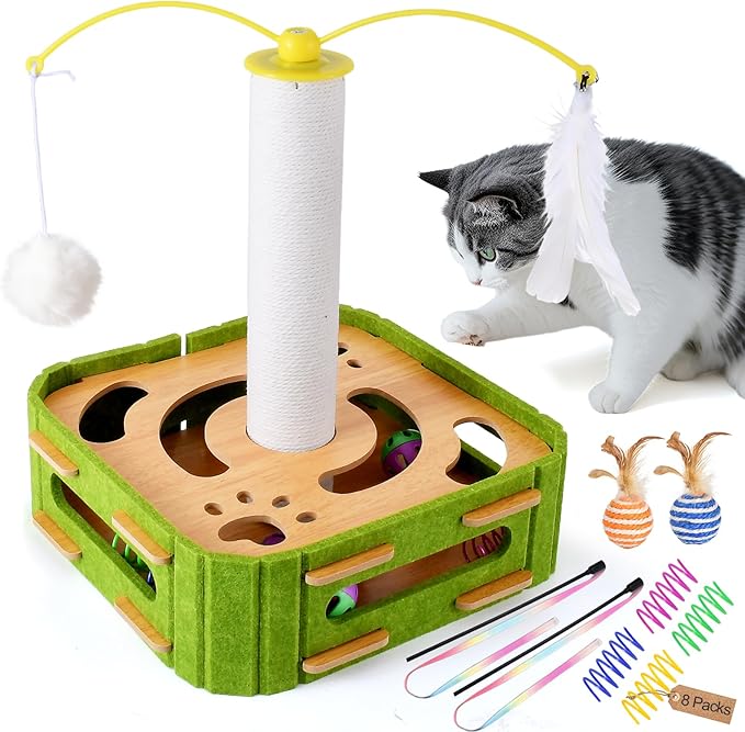 5-in-1 Cat Toys Interactive Wooden Cat Puzzle Toy Intelligence Treat Puzzle Feeder Box Game Enrichment Accessories with Jingle Balls, Wands, and Spiral Springs for Indoor Kitten Adult Cat
