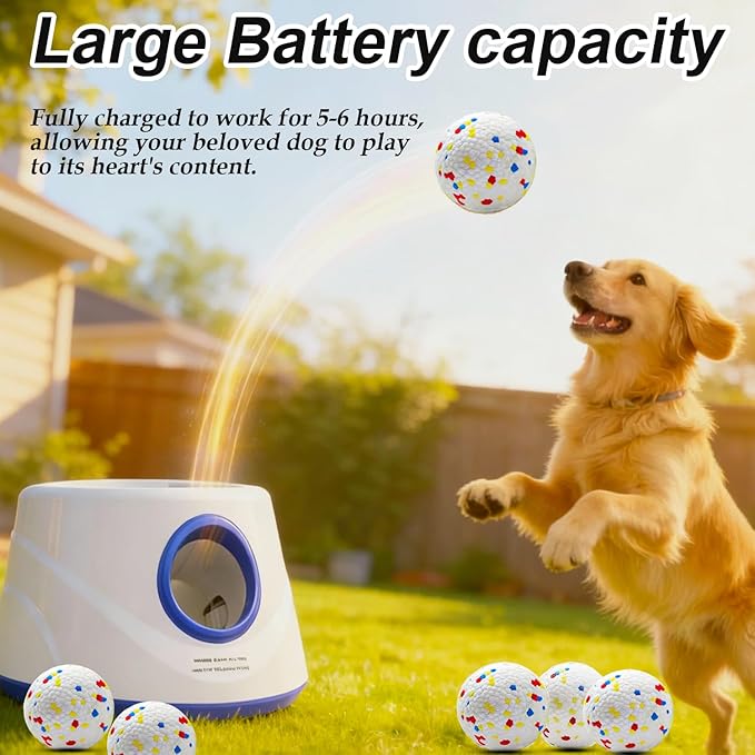 Automatic Dog Ball Launcher with 6 Balls, 3 Adjustable Distance Settings 15-45FT, Interactive Fetch Toy for Small and Medium Dogs, Indoor and Outdoor Use