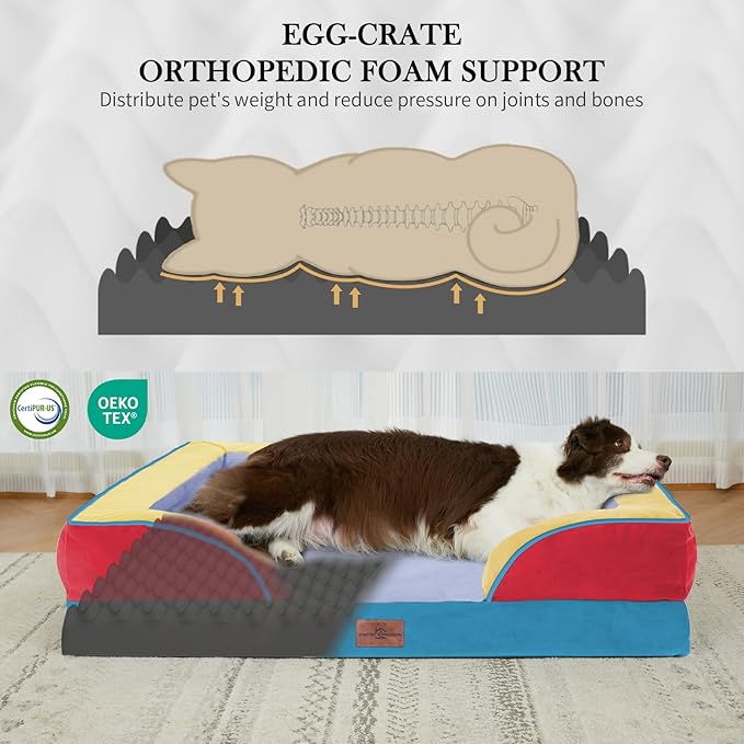 Comfort Expression Orthopedic Dog Bed for Extra Large Dogs 45x35 Inch, Waterproof Egg Crate Foam XL Pet Bed with Removable Bolsters, Dog Couch with Washable Cover & Non-Slip Bottom, Funfetti Fiesta