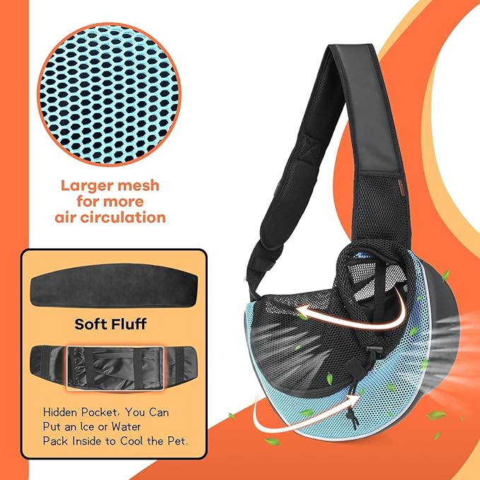 YUDODO Pet Sling Carrier for 2-5 lbs Small Dogs & Cats – Hands-Free Puppy Carrier with Safety Hook, Large Zipper Pocket, Soft Breathable Mesh, Adjustable Strap & Reflective Strip (Cyan 3.0 S)