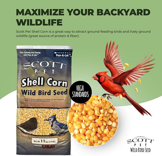 Scott Pet Wild Bird Seed, Shelled Corn, 11 lbs Bag, Feed, Great Source of Protein and Fiber, Food for Outside Wild Birds