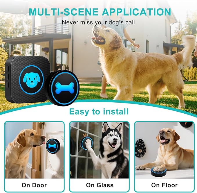 Dog Doorbell to Go Outside, Smart Wireless Doggie Doorbell for Potty Training,1000 Feet Long Range with IP65 Waterproof Super-Light Touch Button, 60 Melodies & Adjustable Volume (2 Button)