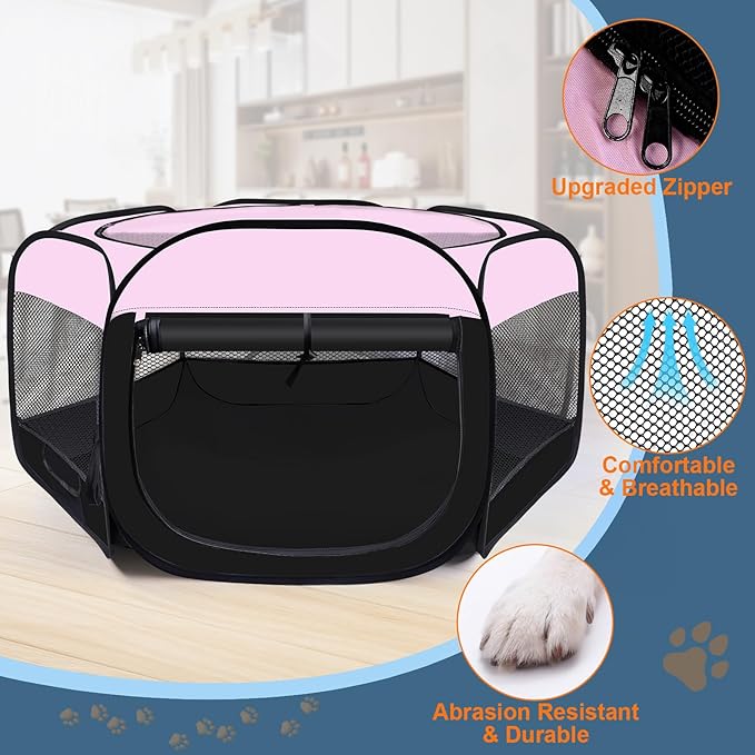 Dog Cat Playpen,Portable Pet Puppy Playpen,Rabbit Puppy Dog Play Pen for Indoors,Dogs Tent for Indoor Cats,Kitten Playpen,Collapsible Small Cats Crate Cage for Small Dogs with Carrying Case(Pink, M)
