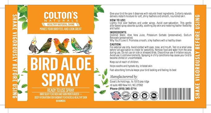 Bird Aloe Vera Spray – Soft Feathers Conditioner & Skin Moisturizer -16 OZ- for Parrots, Cockatiels, Conures & All Birds – Natural Aloe Mist for Molting Relief, Sooths Itchy Dry Skin Feather Plucking