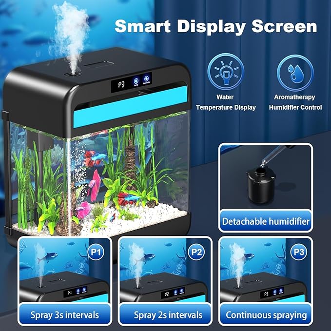 Fish Tank 2.2 Gallon,Small Fish Tanks Kits,Aquarium Fish Tank Starter Kit with 3-in-1 Silent Pump and 7 Color Led Light,with Temperature Display,for Fish,Shrimp,Betta(Black-2.2 Gallon)