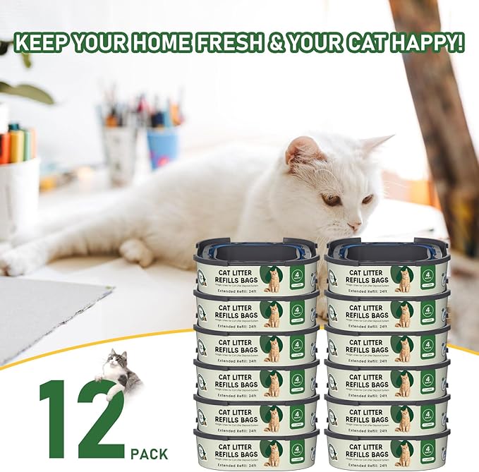 Cat Litter Refill Bags Cartridge Compatible with Litter Cat Genie Standard, Plus, XL+ and XL Pail Refills, Pet Waste Bags Box Accessories, Pack of 12