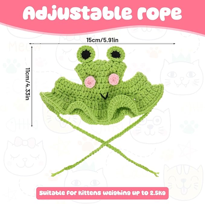 Frog Cat Hat, Cotton & Soft Cute Knitted Hats for Cats Frog Crochet Cat Hats for Cats Only Cute Puppy Hat for Small Pets on Christmas Birthday Party Halloween (Green, S)