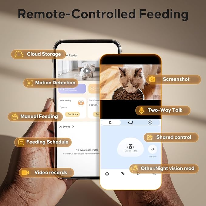 Automatic Cat Feeder with Camera,WiFi Cat Food Dispenser with App Control,1080P HD Video,Two-Way Audio, Transparent 4.2L Food Container (White)