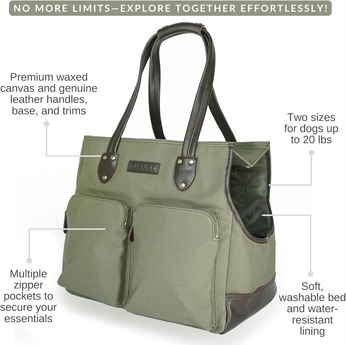 DJANGO Waxed Canvas & Leather Dog Carrier Tote Bag – Premium Soft-Sided Travel Dog Purse with Safety Leash, WR Lining, & Large Zipper Pockets – Everyday Pet Carrier for Small Dogs (Olive, Medium)