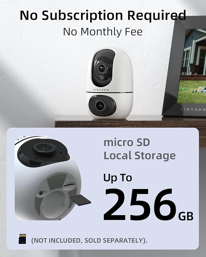 VIRTAVO XD1 Indoor Pet & Baby Camera, No Subscription Required, Dual-Lens 360° PTZ, Motion Tracking, 2-Way Audio, Night Vision, Cloud/SD Storage, Phone App, WiFi, 2-Pack with 2-Year Warranty