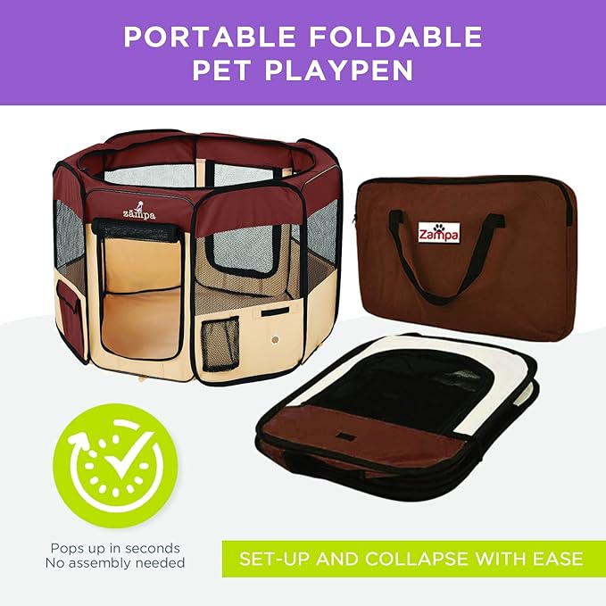 Zampa Puppy Playpen Extra Small 29"x29"x17" Portable Pop Up Playpen for Dog and Cat, Foldable | Indoor / Outdoor Kitten Pen & Travel Pet Carrier + Carrying Case.
