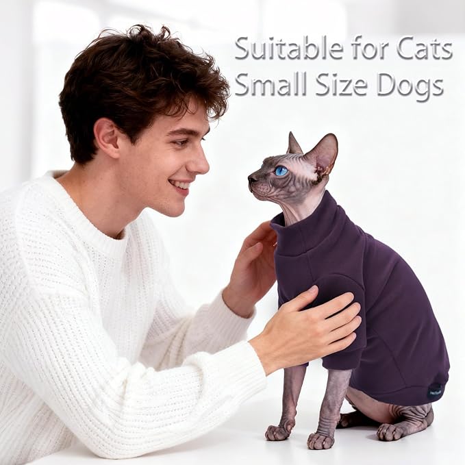Fleece Sphynx Cat Clothes Soft Hairless Cat Clothes Pullover Cat Sweater for Chihuahua All Season Light and Warm Kitten Cloth Only Puppy Clothes Small Dog Sweater (Dark Purple, L)