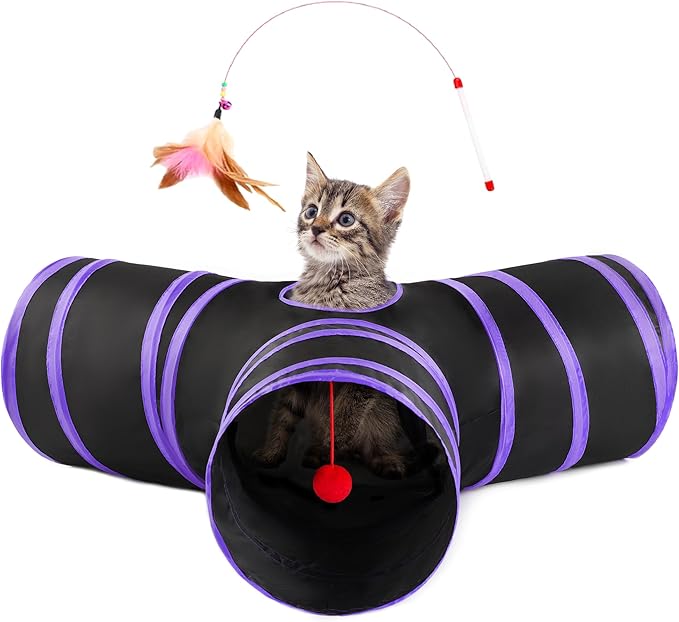 Love’s Cabin Cat Tunnel for Indoor Cats, 3-Way Collapsible Play Tunnel with Teaser Wand, Peek Holes & Toy Ball, Small Pet Toy for Kittens & Rabbits, Black & Purple, Small Size