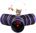Love’s Cabin Cat Tunnel for Indoor Cats, 3-Way Collapsible Play Tunnel with Teaser Wand, Peek Holes & Toy Ball, Small Pet Toy for Kittens & Rabbits, Black & Purple, Small Size