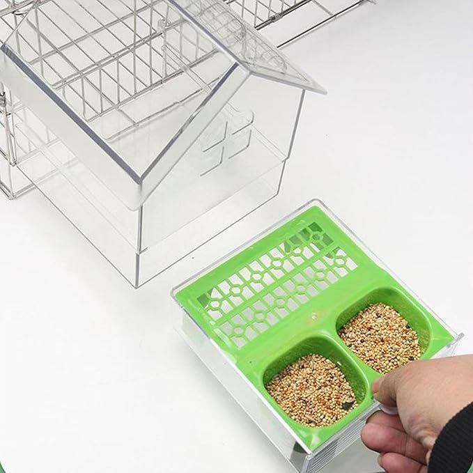 Pull-Out External Parrot Feeder, Clear Hanging Bird Feeder House, No Mess Bird Feeders for Cage, Birds Feeding & Watering Supplies for Parakeet Canary Cockatiel Finch (Green)