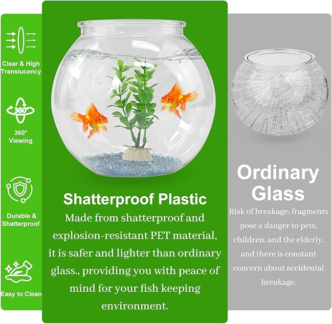 DARENYI Plastic Goldfish Fish Bowl Drum Round Crystal Clear Aquarium Fish Tank Starter Kits with 1 Artificial Aquatic Plant and 1 Bag Mini Ornamental Stones (0.72Gallon/ 2.75L)