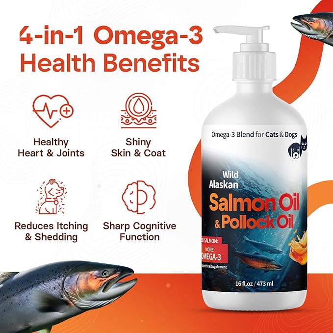 Wild Alaskan Omega 3 Salmon Oil for Dogs - Fish Oil for Dogs Natural Liquid - Must-Have Cat & Dog Essentials for Health - Cat and Dog Supplies Supports Skin & Coat - 16 Fl. Oz