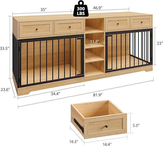 GAOMON Dog Crate Furniture for 2 Dogs, 82'' Large Dog Kennel Indoor with 4 Storage Drawers and 4 Shelves, Double Dog Crate TV Stand for Medium and Large Dogs, Natural