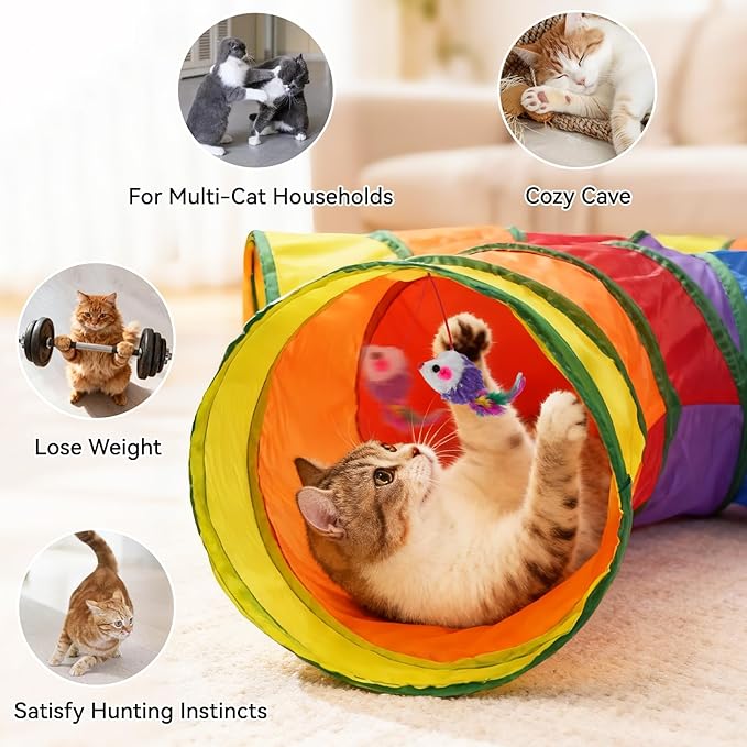 Joytale 5-Way Cat Tunnels for Indoor Cats, Pet Tube Toy with Play Ball and Toy Mouse, S-Shape Collapsible Tunnel with Interactive Hole for Kitty, Kitten, Rabbit, Puppy (Rainbow)
