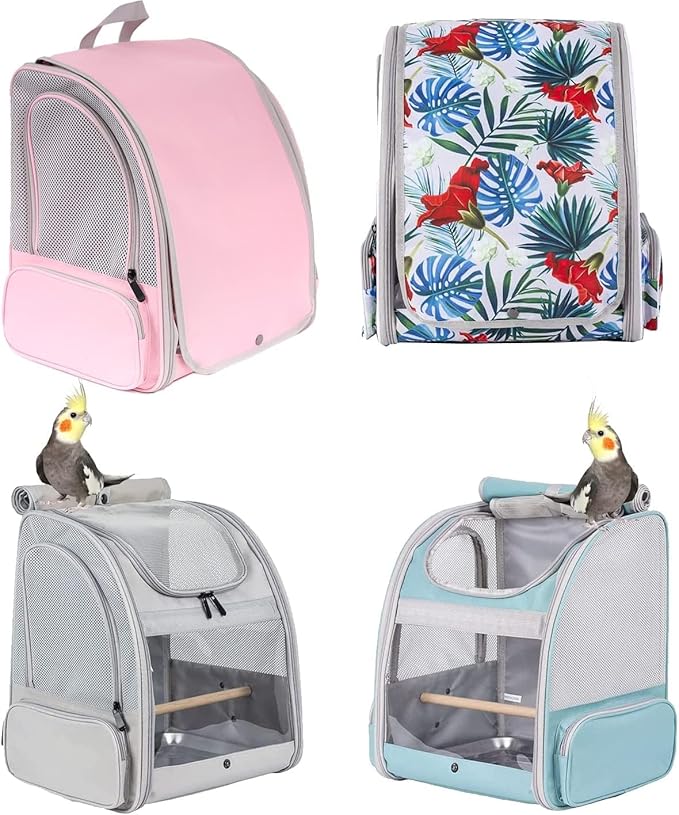 Bird Travel Carrier Backpack with Wooden Stand Perch, Small to Medium Bag to Carry Parrot Parakeet Conure Cockatiel (Multi-Colored, Bird Backpack)