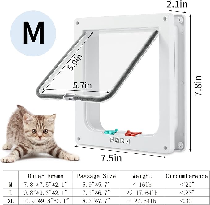 Cat Door for Interior Exterior Door (Outer Size 7.75" x 7.5"), 4-Way Locking Flap for Cats & Dogs(Circumference < 20"), Weatherproof Pet Door, White, ABS Material (M)