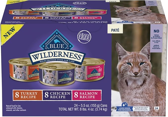 Blue Buffalo Wilderness High Protein, Natural Adult Pate Wet Cat Food Variety Pack, Chicken, Salmon, Turkey 5.5-oz can (24 Count - 8 of Each Flavor)
