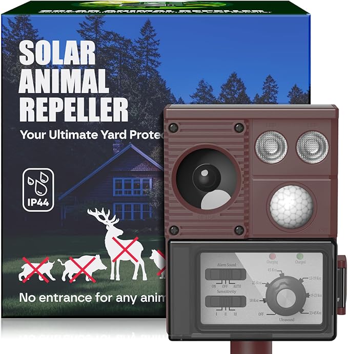 Solar Ultrasonic Animal Repellent for Car Engines, Under Hood Animal Repellent, with Strobe Light, Keep Mice Away, for Car RV Garage Indoor 1 Pack（Black Orange）