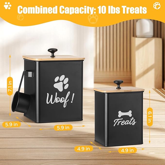 Dog Treat Containers Set of 2, Dog Food Storage Containers with Airtight Lids, Metal dog treat jars for Kitchen Countertop, Pet Food Canister Keep Snack Fresh, 5.9"×5.9"×7.1", Black